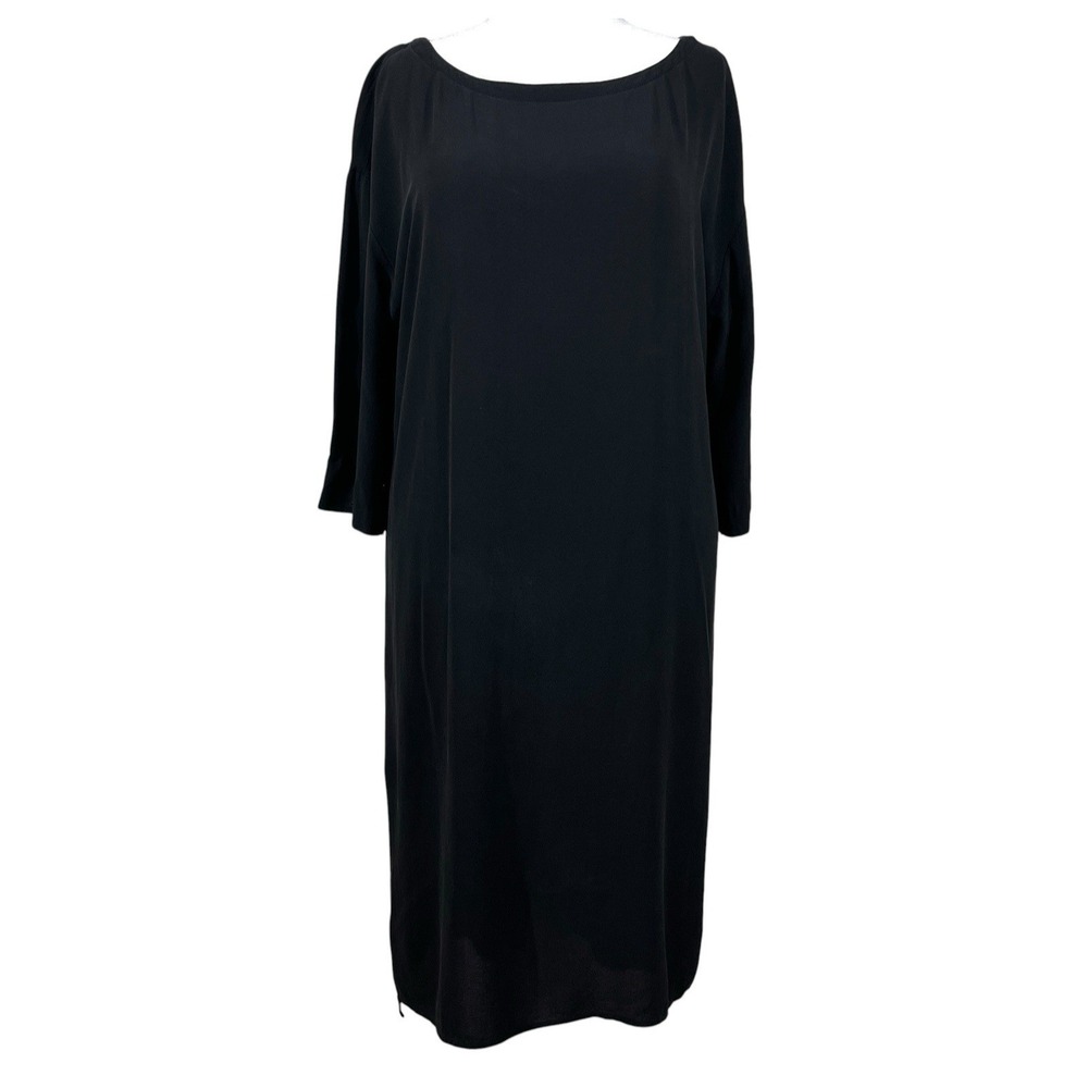 Eileen Fisher Washable Silk Shift Dress Womens M Black Lightweight Minimalistβ